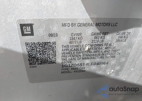 2020 Chevrolet Malibu Fwd Lt z USA, uszkodzony, nr VIN 1G1ZD5ST4LF040964